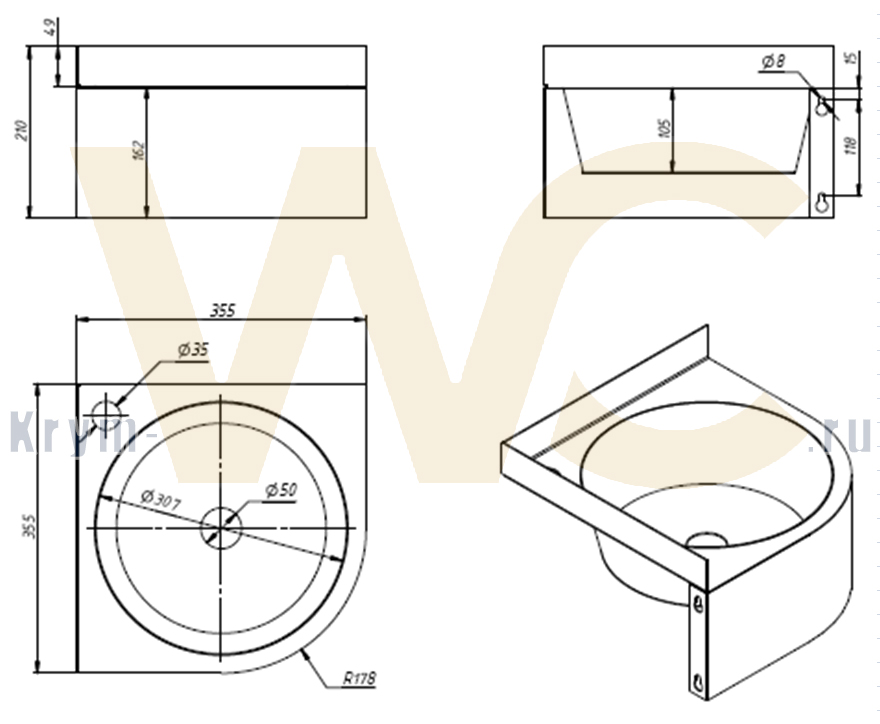Раковина угловая из нержавеющей стали