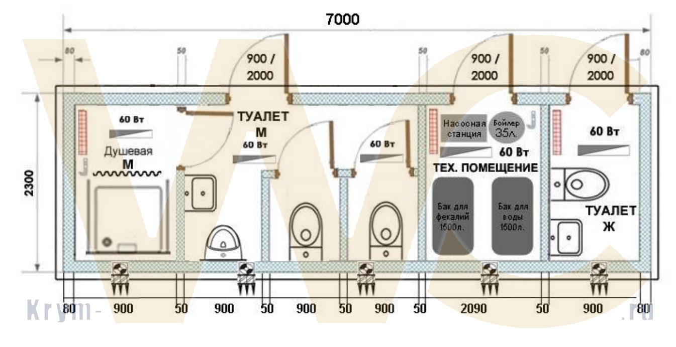 Туалетно-душевой модуль Крым-2М1П1Ж-7000х2300х2600