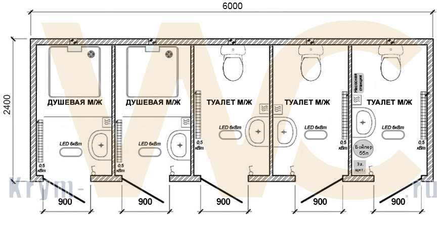 Сетевой туалетно-душевой модуль “Крым-3WC2ДУШ” комплектация VIP