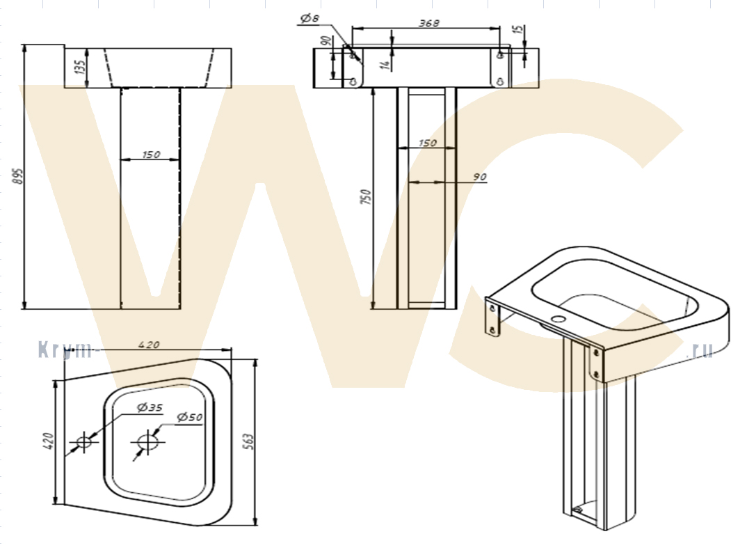 Раковина с пьедесталом из нержавеющей стали