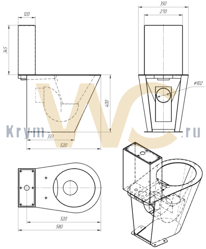 Унитаз из нержавеющей стали, напольный с баком